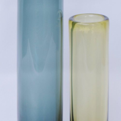 Pair of Per Lutkin Holmegaard Art Glass Vases Blue & Green Signed 1959 & 1960