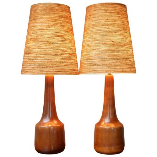 Lotte & Gunnar Bostlund Caramel Ceramic Lamps, Fibreglass Shades with Jute, Pair