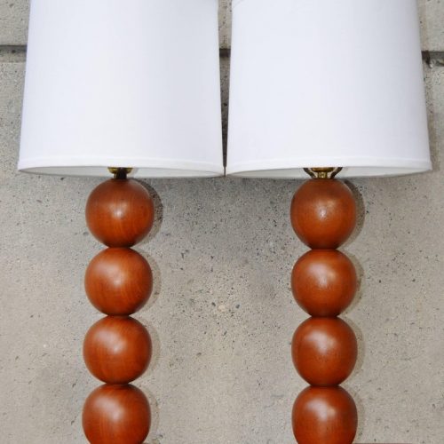 Pair of Danish Modern Teak Stacked Ball Table Lamps with New Linen Shades