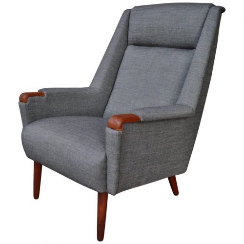 Danish Teak Arm or Base Tall Back Restored Lounge Chair Black and White Maharam