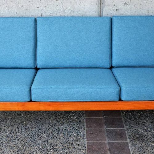 Gorgeous sculptural Grete Jalk Danish Modern TEAK SOFA in BLUE WOOL