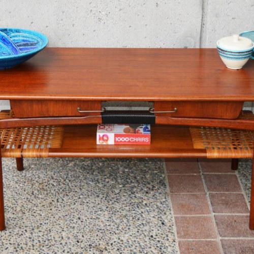 HOT Danish Modern TEAK sculptural COFFEE TABLE w/4 drawers+caned shelf