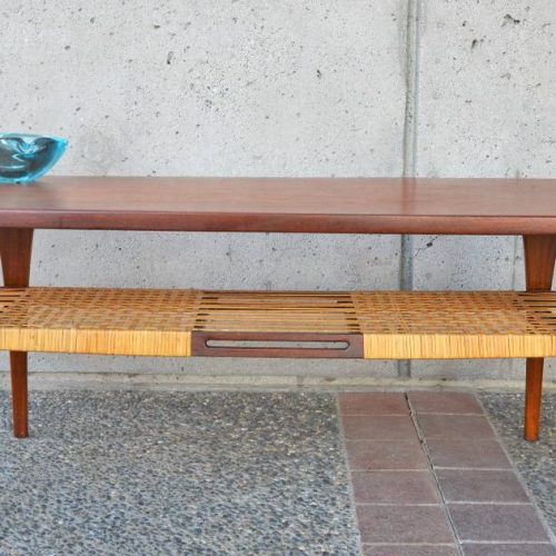 Killer Danish LOVIG TEAK COFFEE TABLE flared ends handsome caned shelf