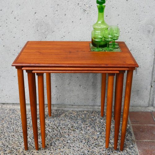 Fun set 3 Danish Modern TEAK NESTING TABLES-contoured edges&coaster