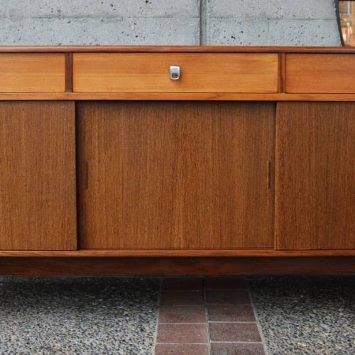 Unique Danish Mod style floating TEAK CREDENZA w/chrome pulls