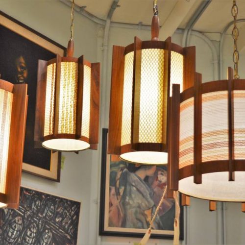 Fun Danish TEAK cylinder PENDANT LIGHTS w/fiberglass liners