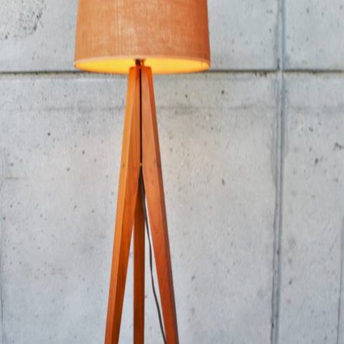 Iconic Danish Modern solid TEAK TRIPOD FLOOR LAMP w/ Orange jute shade