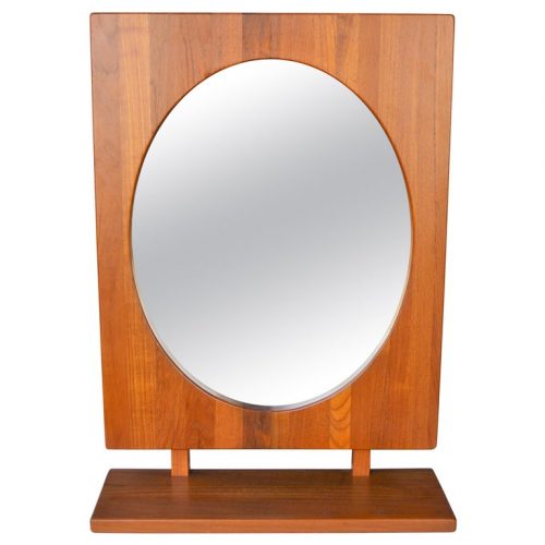 Solid Teak Table or Wall Mirror with Shelf in Oval by Pedersen & Hansen, Denmark 
