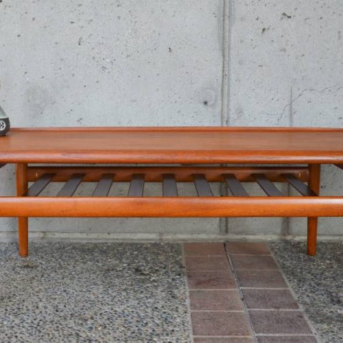 Danish Grete Jalk TEAK COFFEE TABLE sultry flared edges & slat shelf