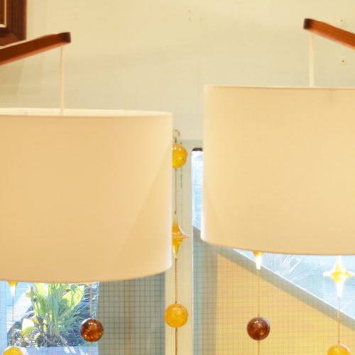 HOT PAIR TEAK wall-arm swivel WALL LIGHTS w/new barrel shades