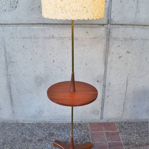 Hot MCM WALNUT FLOOR LAMP w/table & 2 tier fiberglass shade