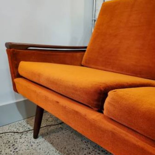 Killer MCM Burnt Orange 3 Seater Sofa w/ Walnut Armrests & Base