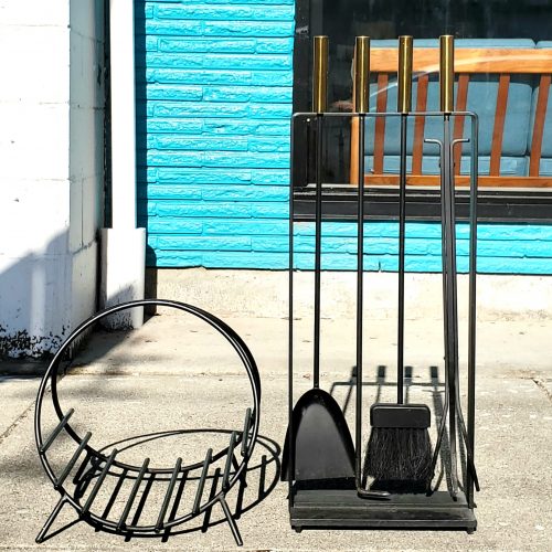 George Nelson Wrought Iron & Brass Fireplace Tool Set & Complimentary Log Holder