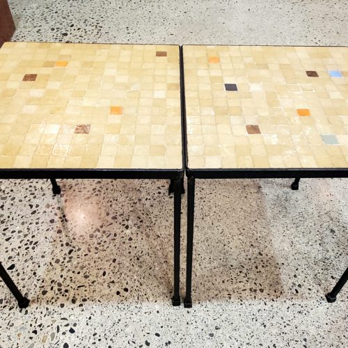 Pair of MCM Wrought Iron & Tile Side Tables/Plant Stands