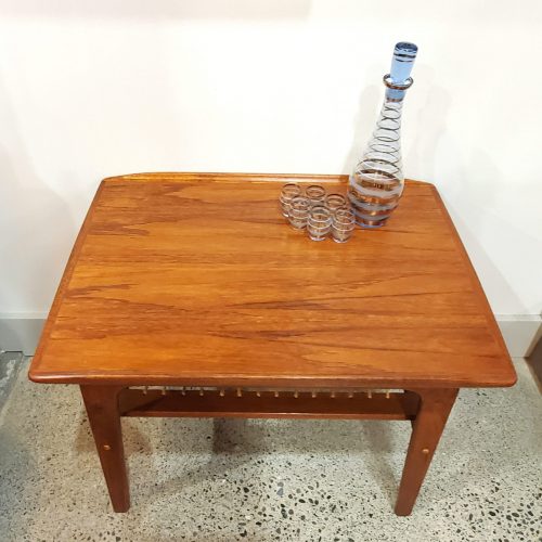 Fun Danish Modern Teak Floating Top Side Table Flared Edges & Cane Shelf