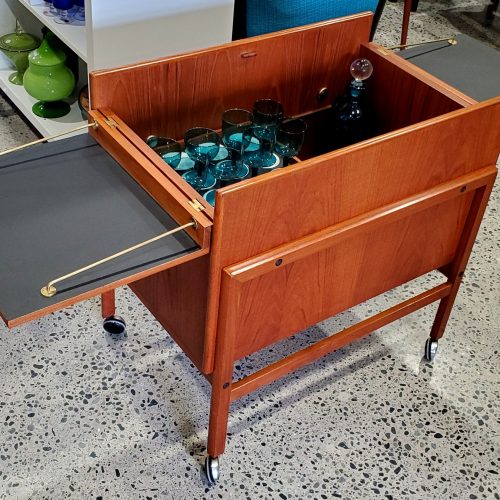 Fab Teak Flip Open Bar Cart w/ Glass & Bottle Storage