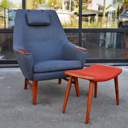 Norwegian Highback Teak Arm/Base Charcoal Wool Lounge Chair & Ottoman