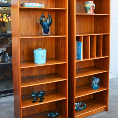 Pair Danish Modern Teak Tall Thin Book Shelves