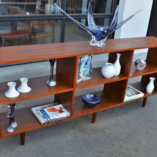 Teak Low Profile Open Back Book Shelf w/ Finished Back & Conical Legs