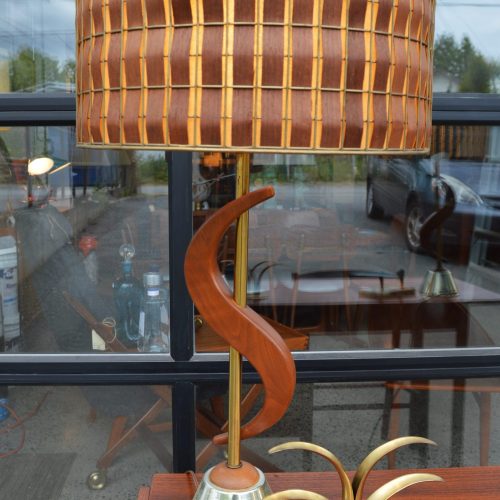 Pair of Walnut & Brass S Lamps w/ Slat Shades