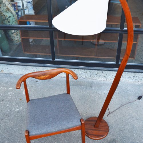 Lovely Compact Danish Modern Teak Arc Floor Lamp w/ new Bonnet Shade