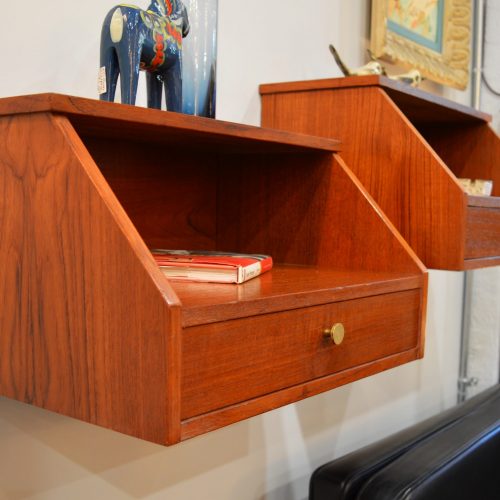 Pair Teak Floating Bedside Tables - One Drawer & Cubby w/ Brass Pull