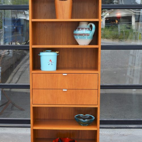 Teak & Beech Tall Thin Shelf w/ 2 Drawers & Finished Back