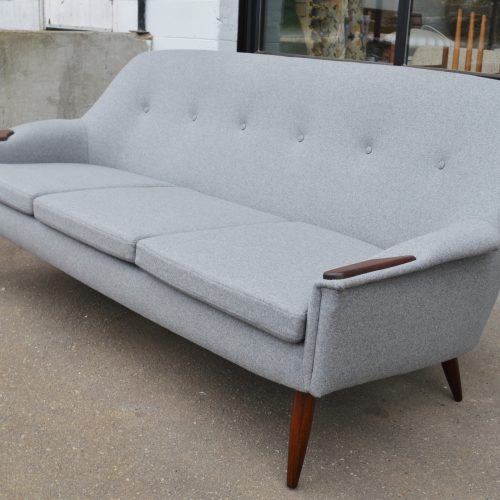 Restored Norwegian Upholstered Sofa w/ Teak Arms in Gray Wool