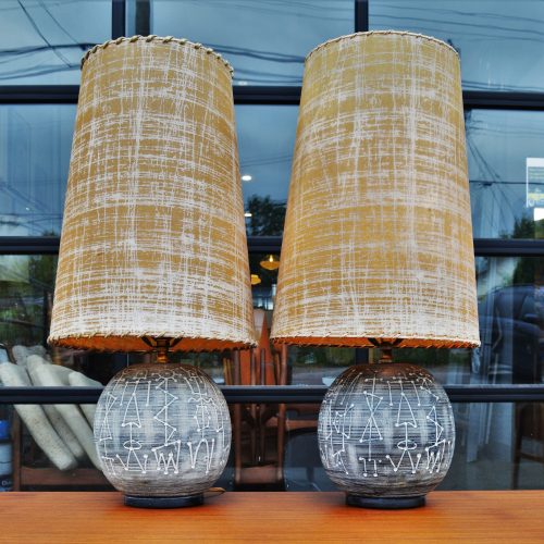 Pair of FAIP Chalkware Incised Ball Lamps w/ Killer Shades