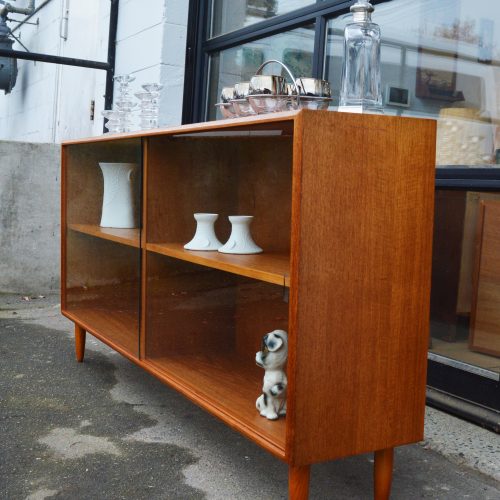 Lovely Teak 2 Slider Glass Cabinet / Credenza w/ Legs