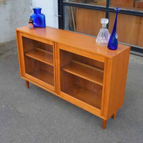 Lovely Teak Glass Cabinet / Bar / TV Stand w/ Contoured Door Frames & Legs
