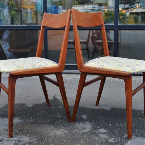 Set of 6 Boomerang Teak Dining Chairs w/ Graphic Seats