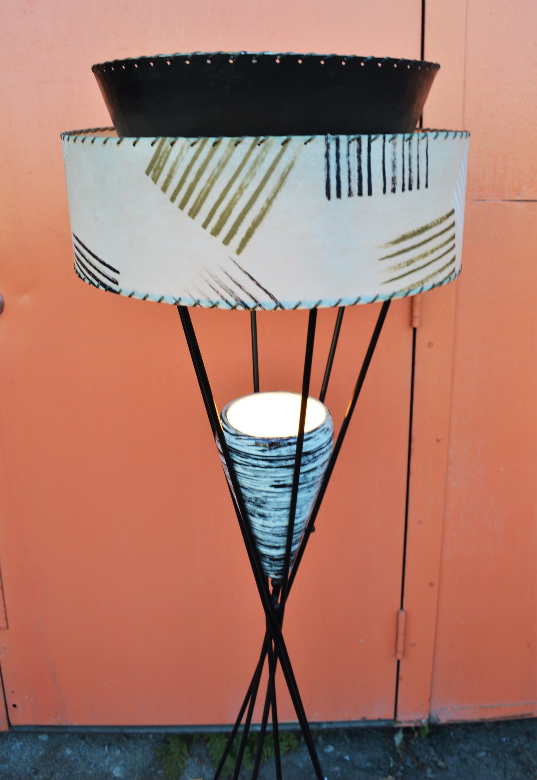 Atomic Wrought Iron Floor Lamp w/ Ceramic Uplight & 2 Tier Fiberglass Shade - Image 4