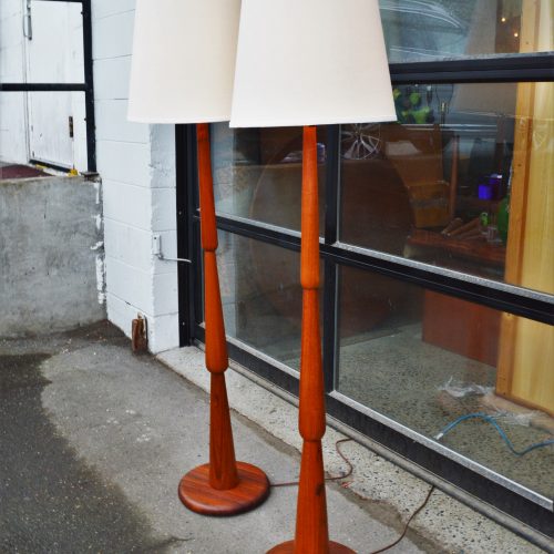 Two Lovely Teak Carved Floor Lamps w/ New Conical Linen Shades