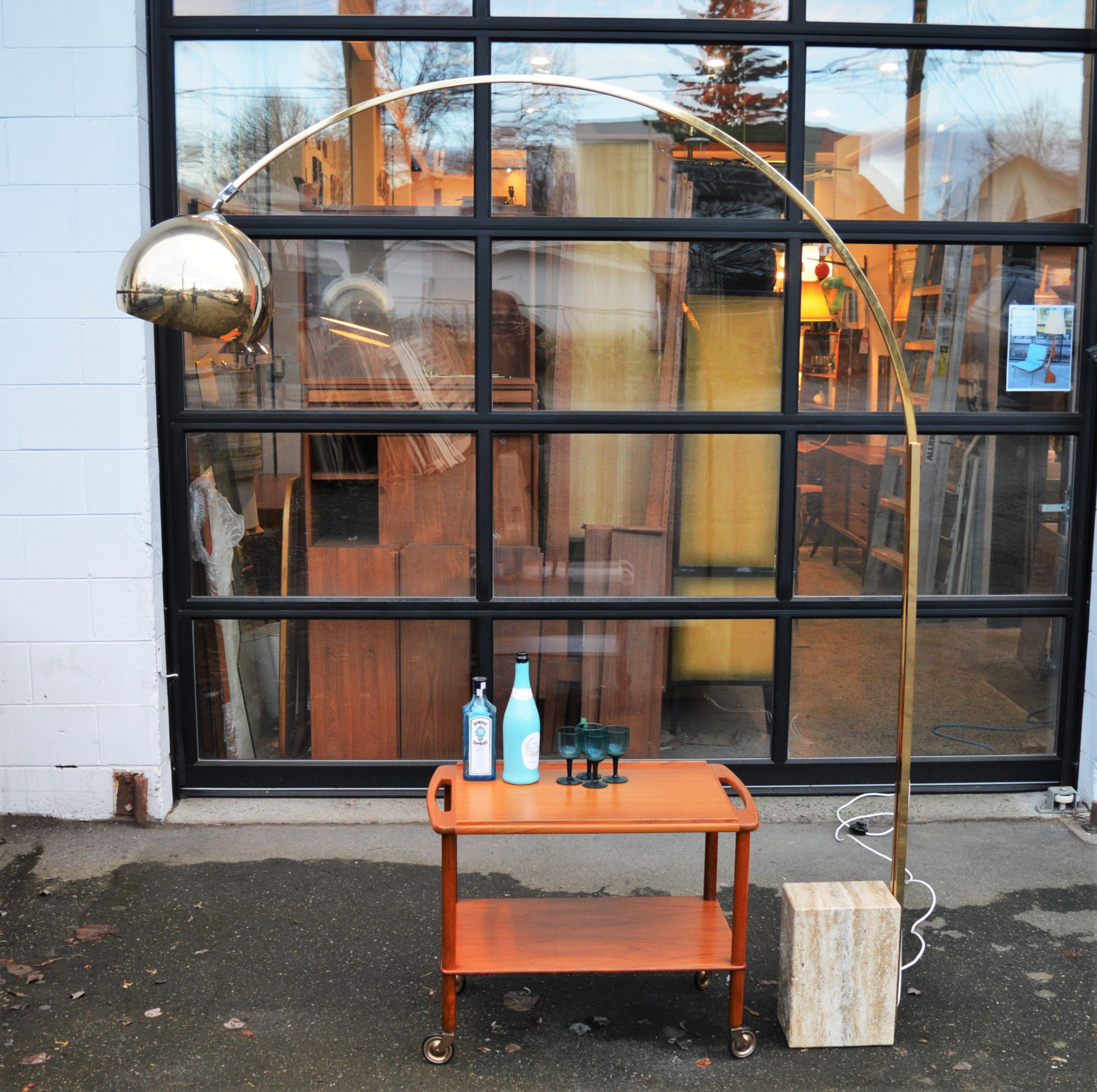 Stunning Brass & Marble Guzzini Style Extending Arc Lamp w/ Dome Shade - Image 2